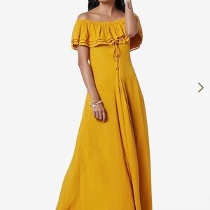 Nuon by Westside Mustard Dotted Off-Shoulder Dibella Gypsy Dress Size M